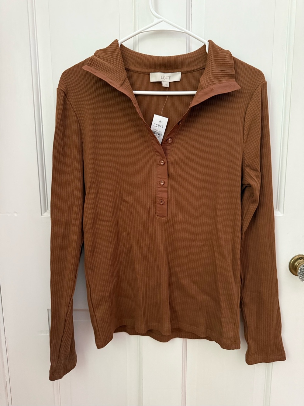 LOFT Ribbed Henley Long-Sleeve Top in Warm Brown